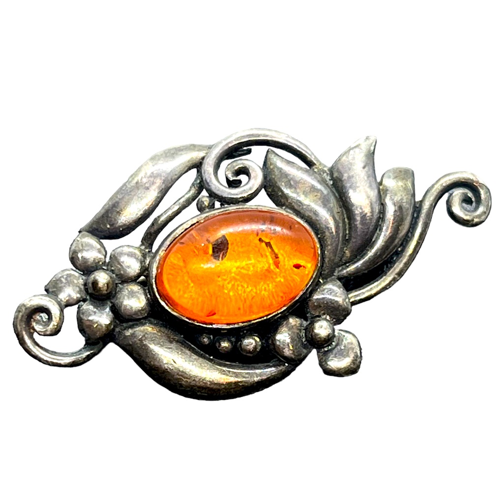 Vintage Designer Boma Amber Flower Sterling Silver Brooch Pin Botanical